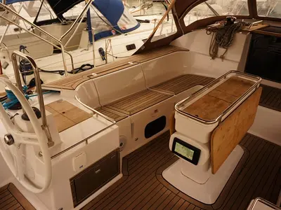Cockpit of Dimitra, a Elan Impression 50 sailboat at Kontokali, Greece