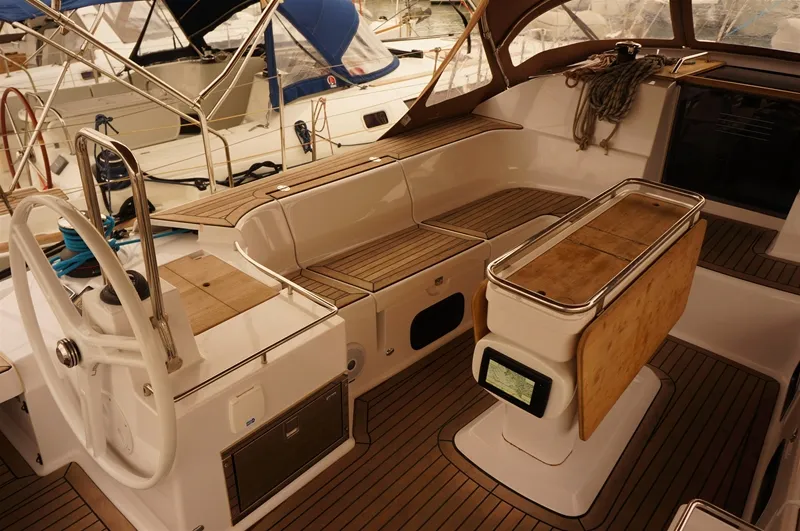 Cockpit of Dimitra, a Elan Impression 50 sailboat at Kontokali, Greece
