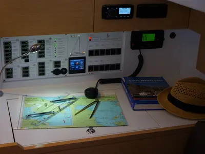 Cockpit of Dimitra, a Elan Impression 50 sailboat at Kontokali, Greece