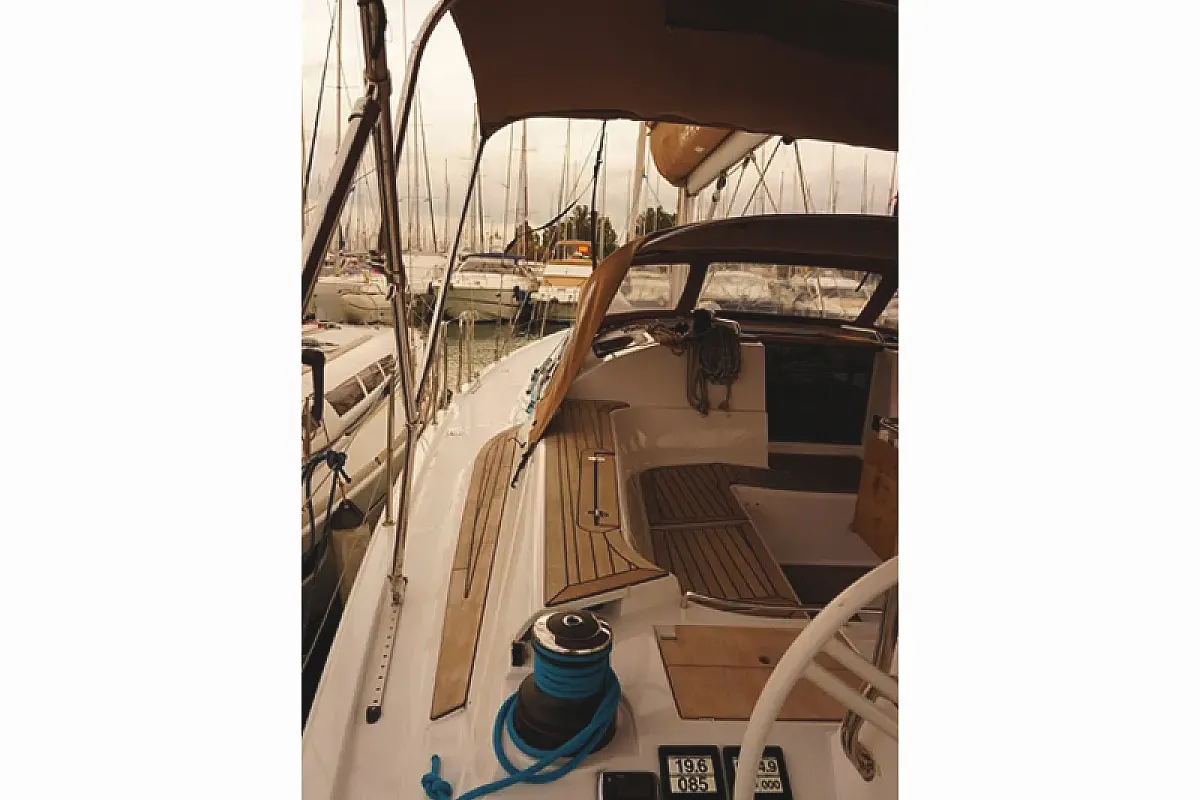 Deck of Dimitra, a Elan Impression 50 sailboat at Kontokali, Greece