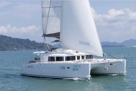 Exterior view of Shana, a Lagoon 450 F catamaran at Mai Khao, Thailand