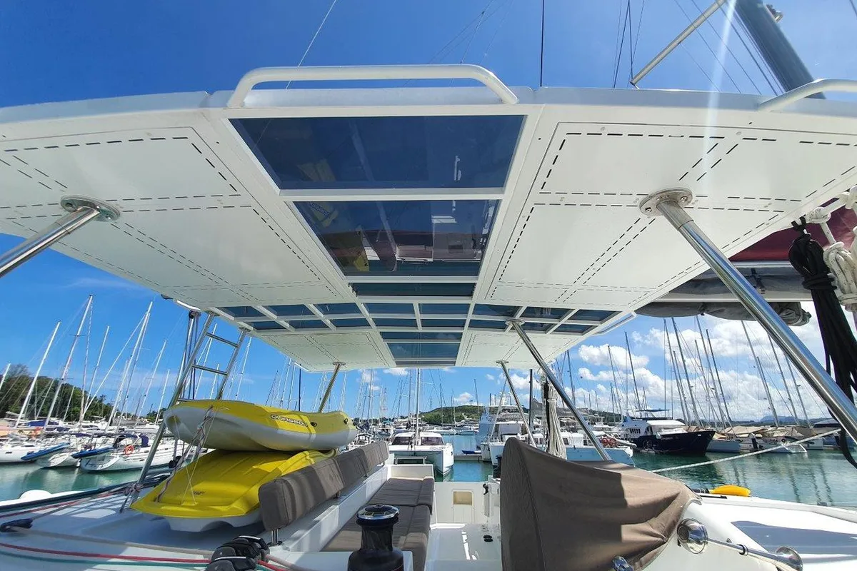 Deck of Shana, a Lagoon 450 F catamaran at Mai Khao, Thailand