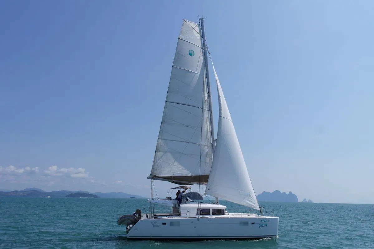 Exterior view of Shana, a Lagoon 450 F catamaran at Mai Khao, Thailand