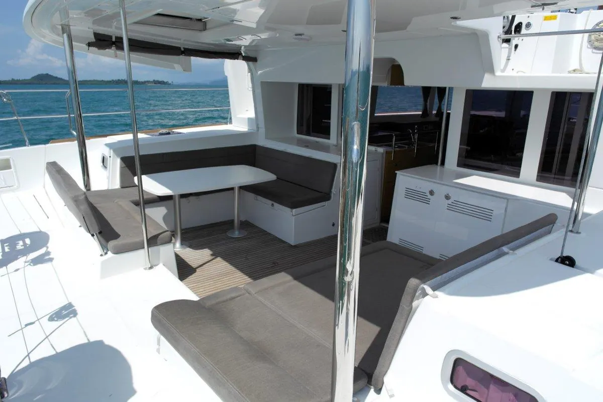Deck of Shana, a Lagoon 450 F catamaran at Mai Khao, Thailand