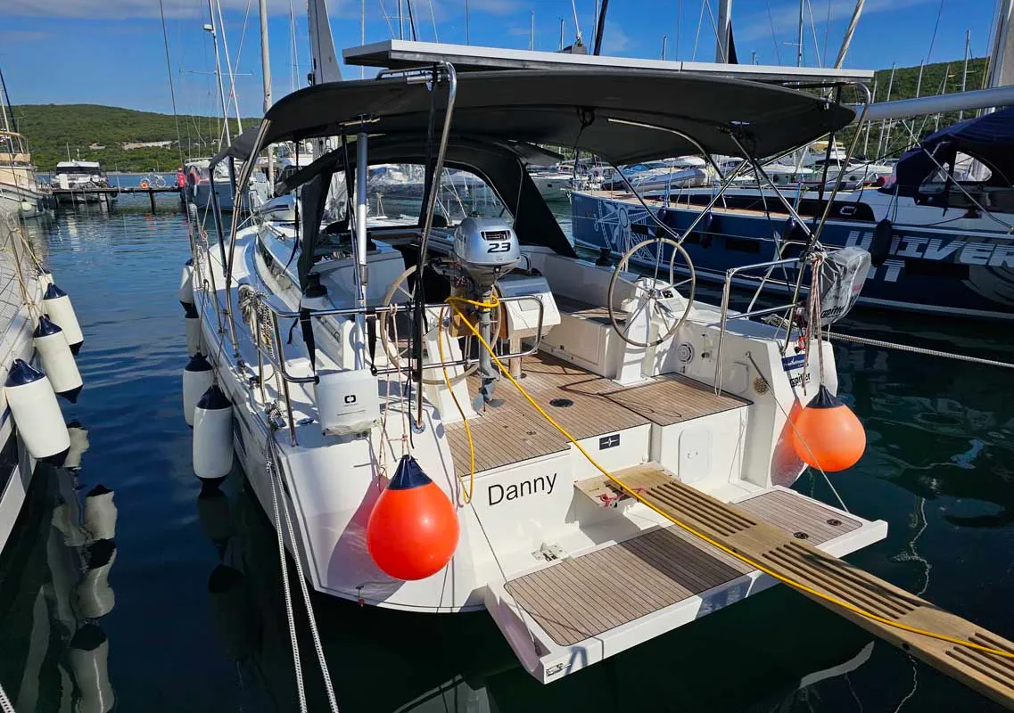 Cockpit of Danny, a Bavaria C38 sailboat at Punat, Croatia