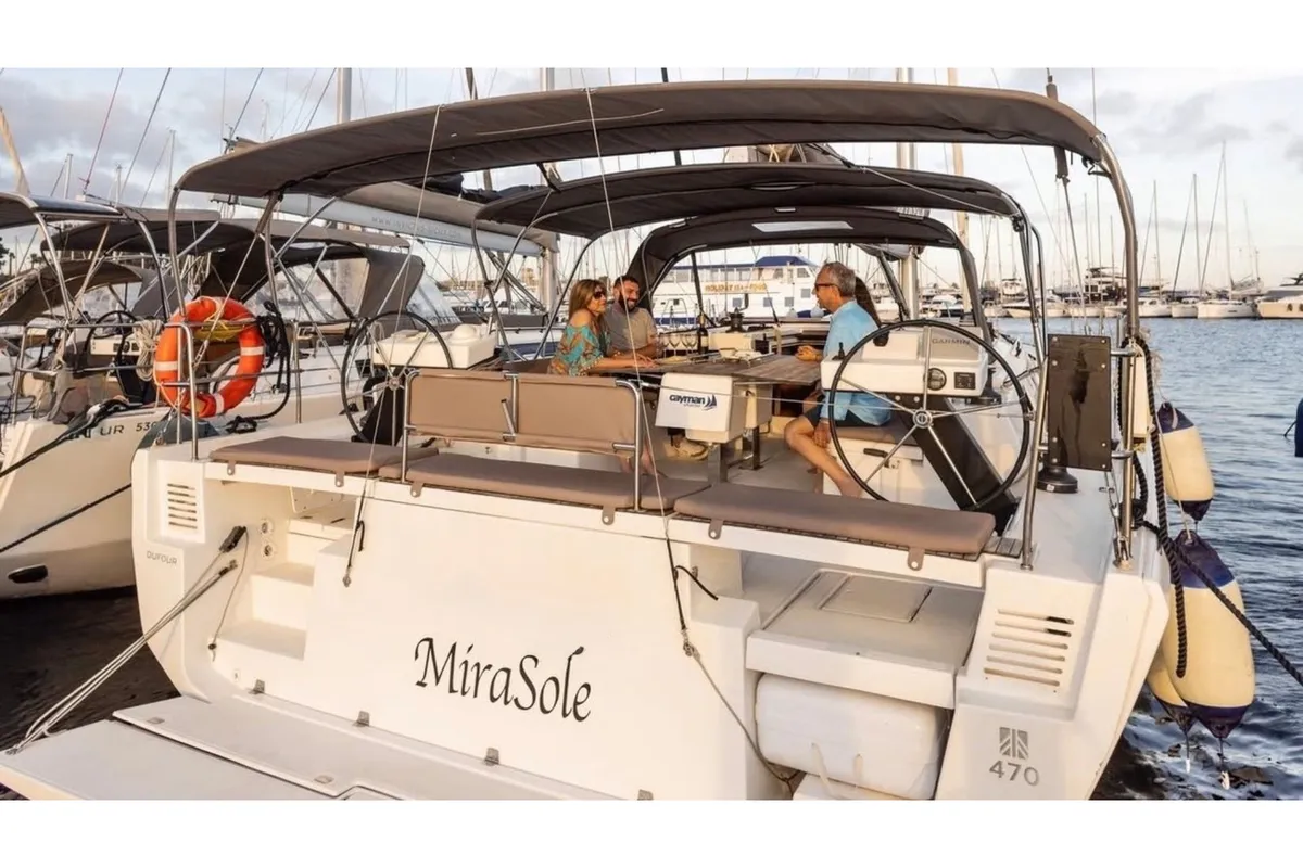 Cockpit of Mirasole, a Dufour 470 sailboat at Cagliari, Italy