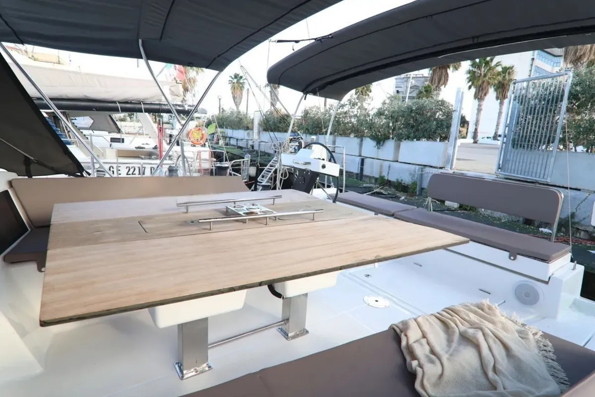 Deck of Mirasole, a Dufour 470 sailboat at Cagliari, Italy