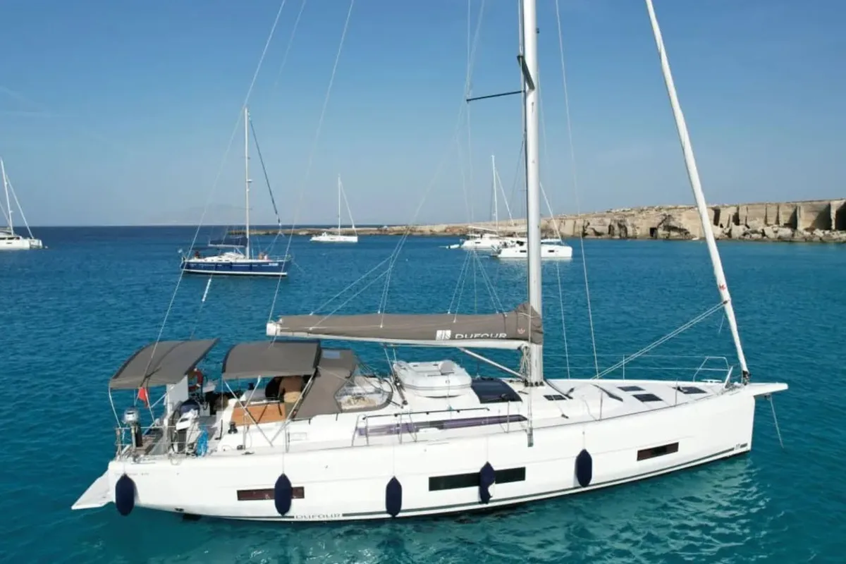 Exterior view of Mirasole, a Dufour 470 sailboat at Cagliari, Italy