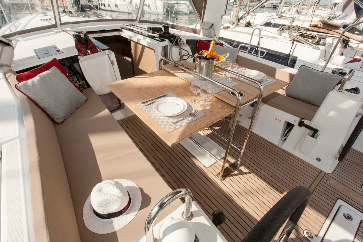 Deck of Foreigner, a Beneteau Oceanis 41.1 sailboat at Municipal Unit of Lefkada, Greece