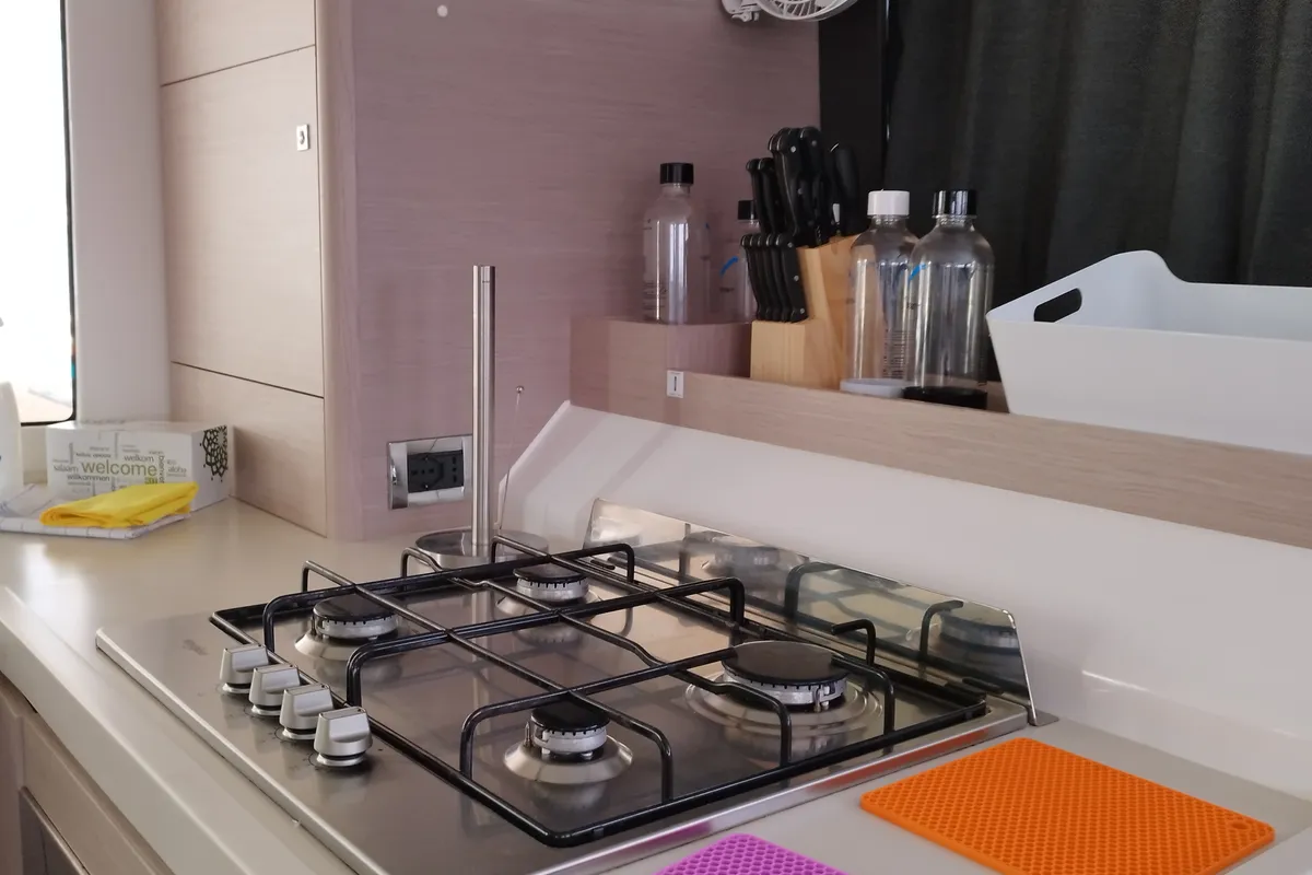 Galley of Delphinus, a Dufour 48 Catamaran catamaran at Olbia, Italy