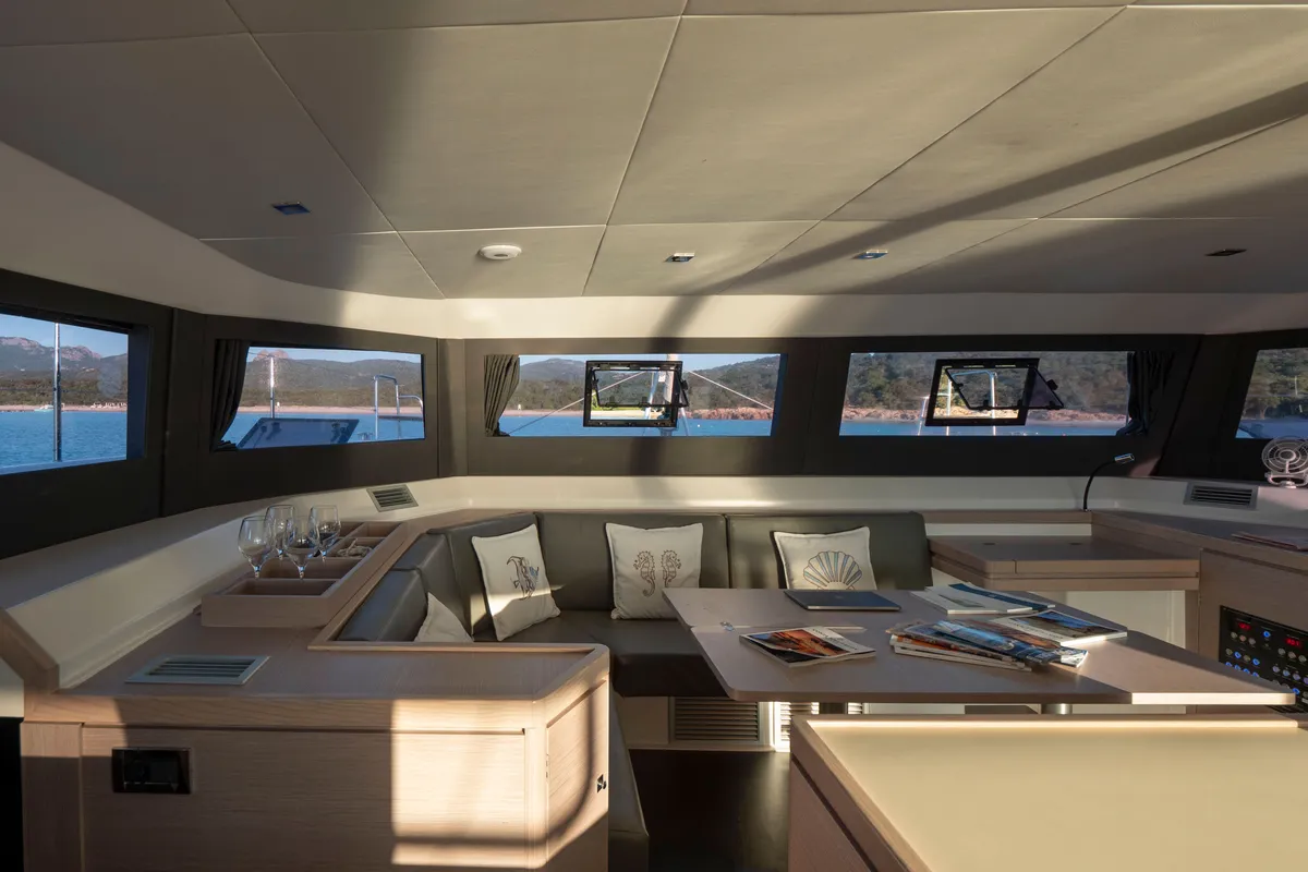 Salon of Delphinus, a Dufour 48 Catamaran catamaran at Olbia, Italy