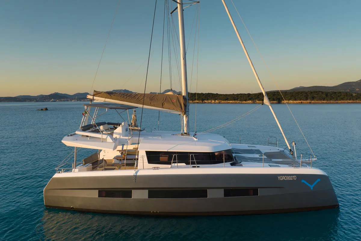 Exterior view of Delphinus, a Dufour 48 Catamaran catamaran at Olbia, Italy
