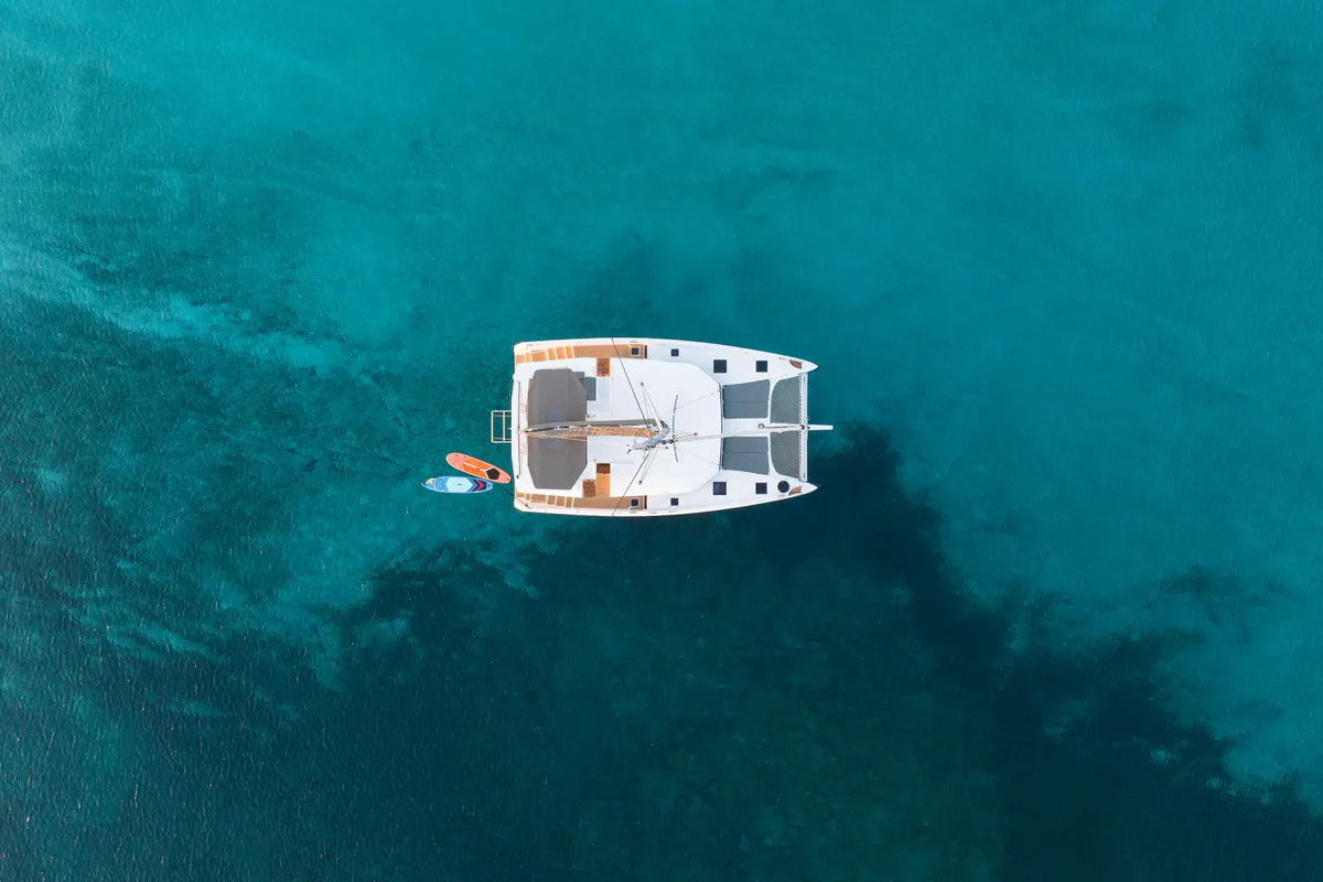 Exterior view of Delphinus, a Dufour 48 Catamaran catamaran at Olbia, Italy