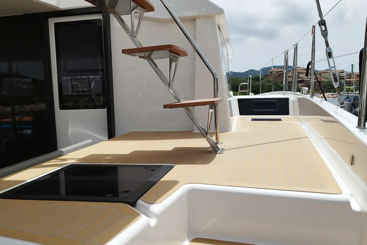 Deck of Delphinus, a Dufour 48 Catamaran catamaran at Olbia, Italy