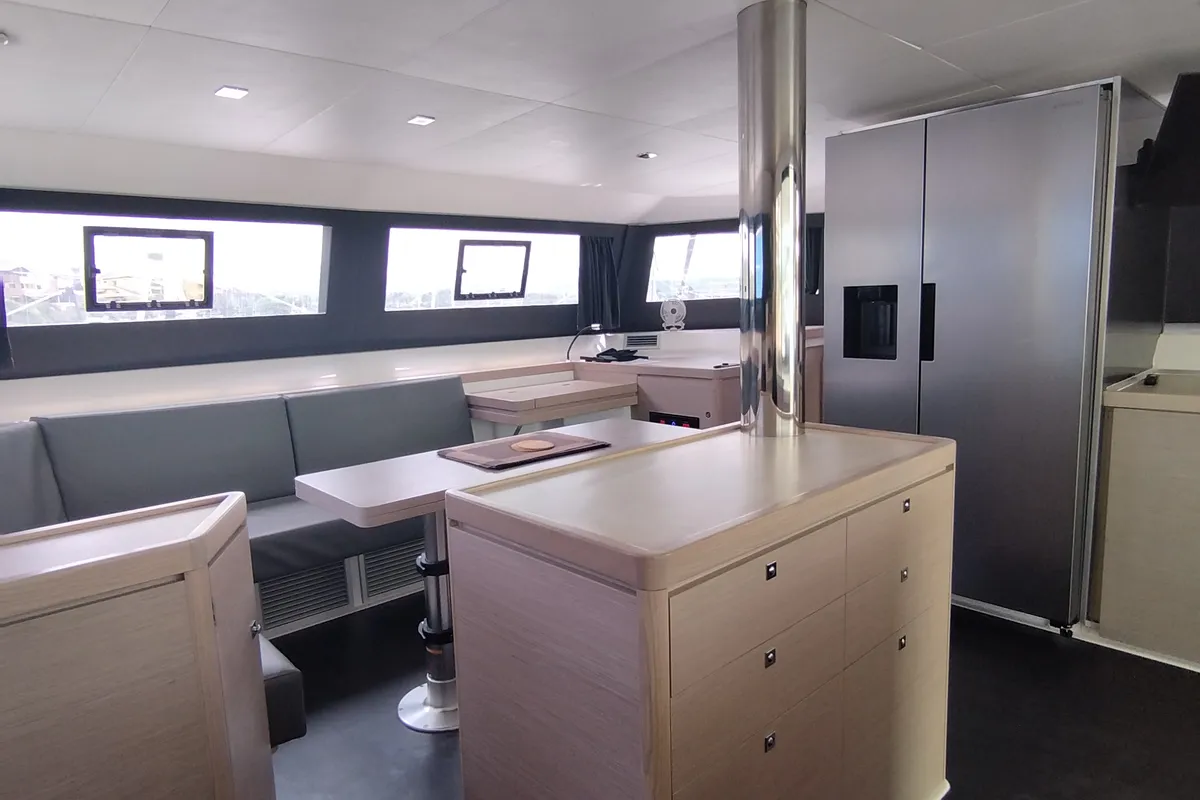 Salon of Delphinus, a Dufour 48 Catamaran catamaran at Olbia, Italy