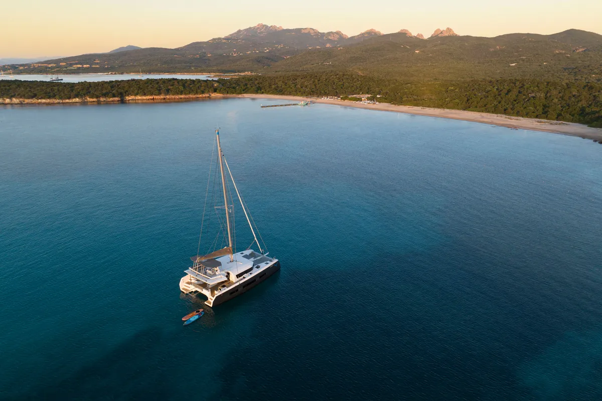Exterior view of Delphinus, a Dufour 48 Catamaran catamaran at Olbia, Italy