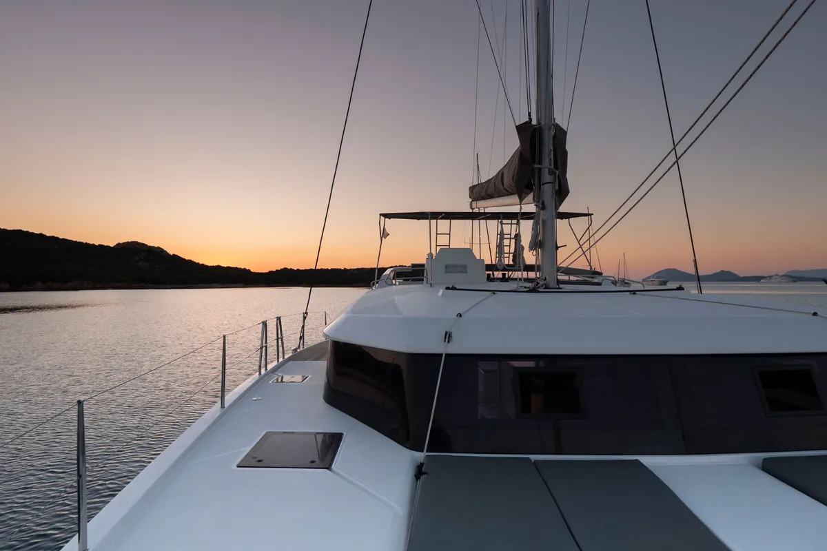 Exterior view of Delphinus, a Dufour 48 Catamaran catamaran at Olbia, Italy