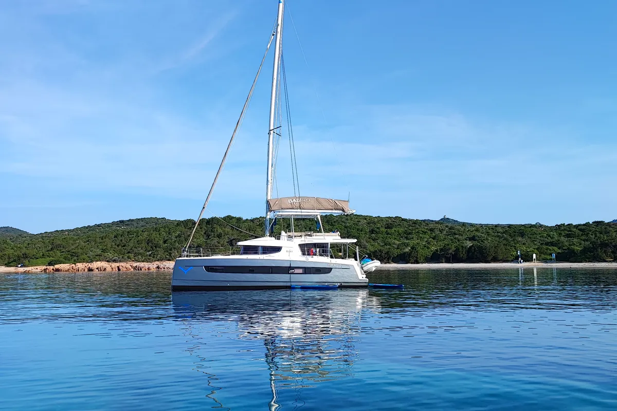 Exterior view of Delphinus, a Dufour 48 Catamaran catamaran at Olbia, Italy
