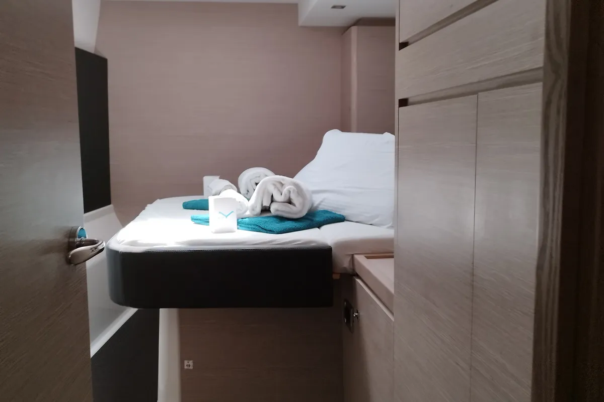 Cabin on Delphinus, a Dufour 48 Catamaran catamaran at Olbia, Italy