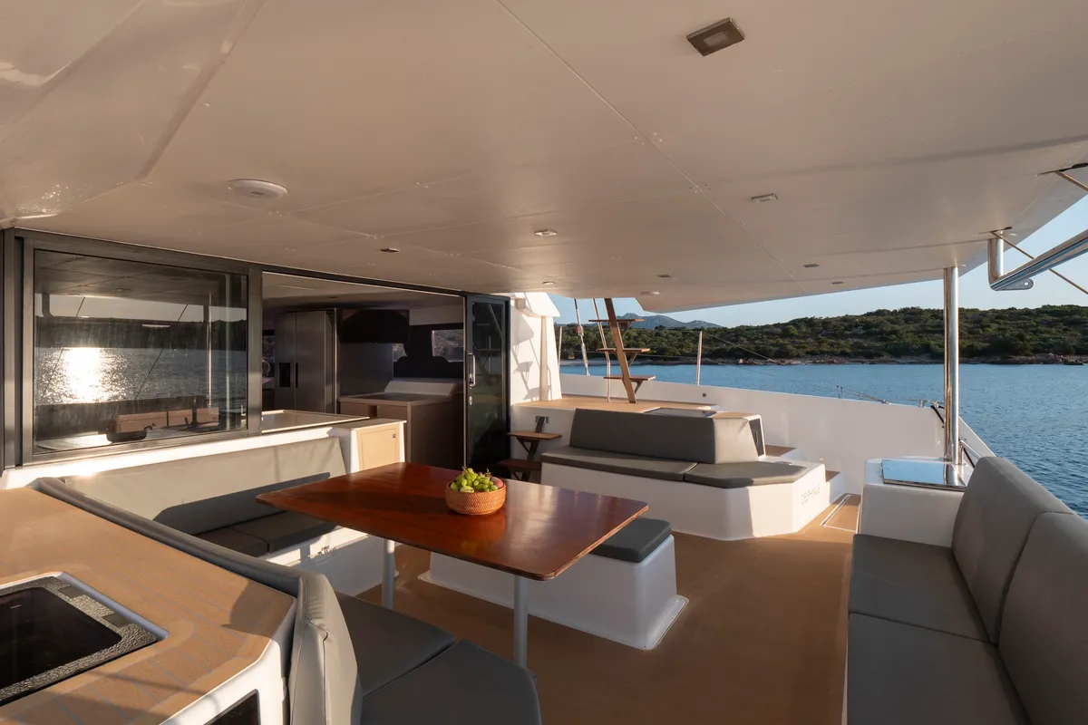 Deck of Delphinus, a Dufour 48 Catamaran catamaran at Olbia, Italy