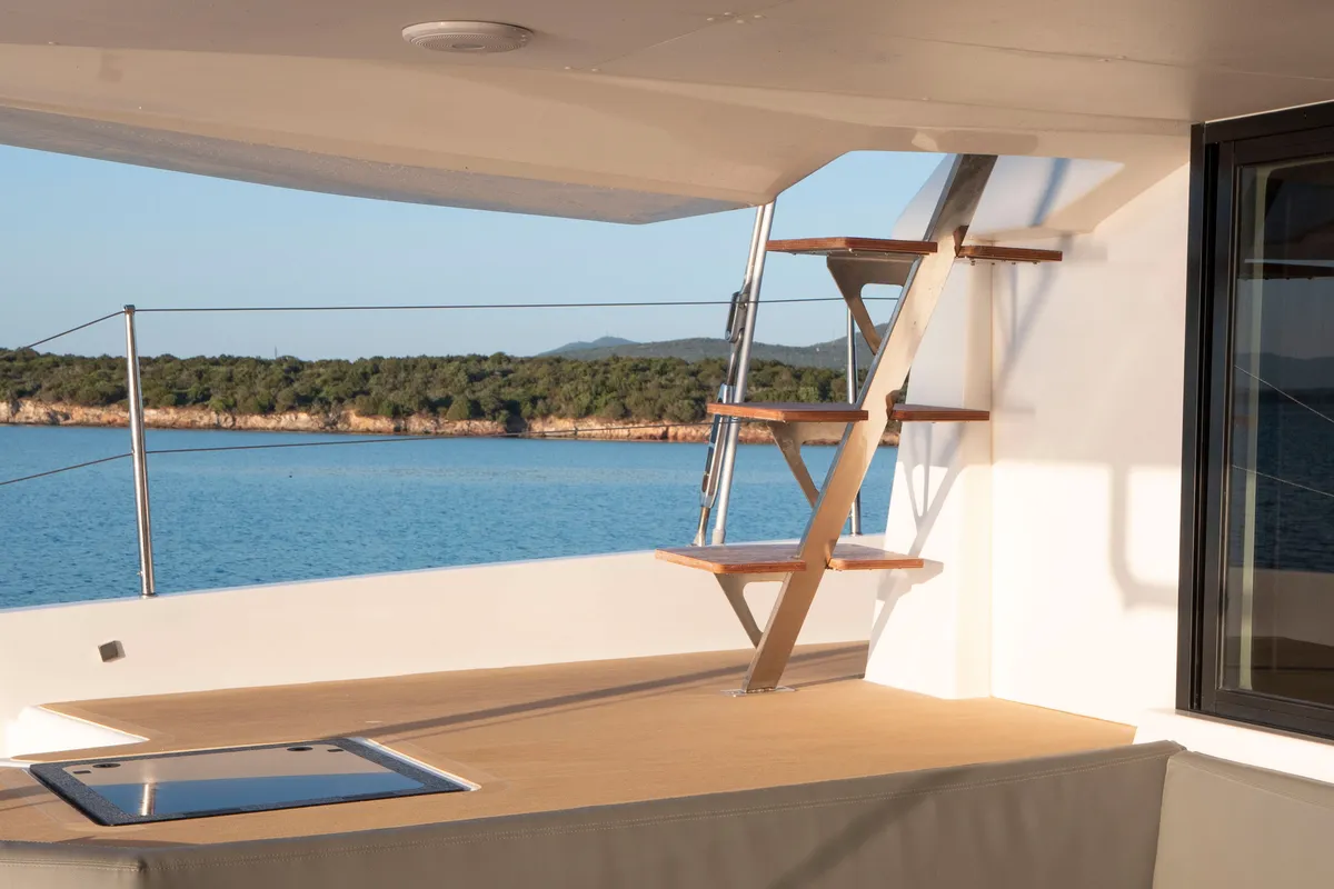 Deck of Delphinus, a Dufour 48 Catamaran catamaran at Olbia, Italy
