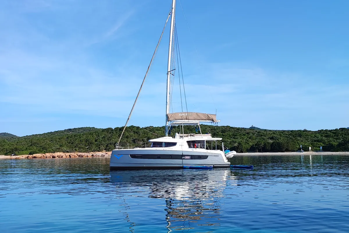 Exterior view of Delphinus, a Dufour 48 Catamaran catamaran at Olbia, Italy