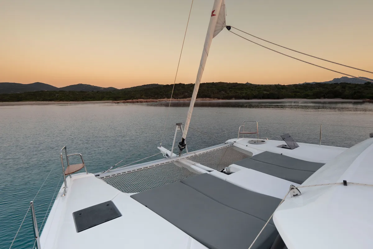 Deck of Delphinus, a Dufour 48 Catamaran catamaran at Olbia, Italy