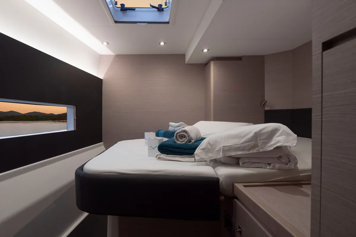 Cabin on Delphinus, a Dufour 48 Catamaran catamaran at Olbia, Italy