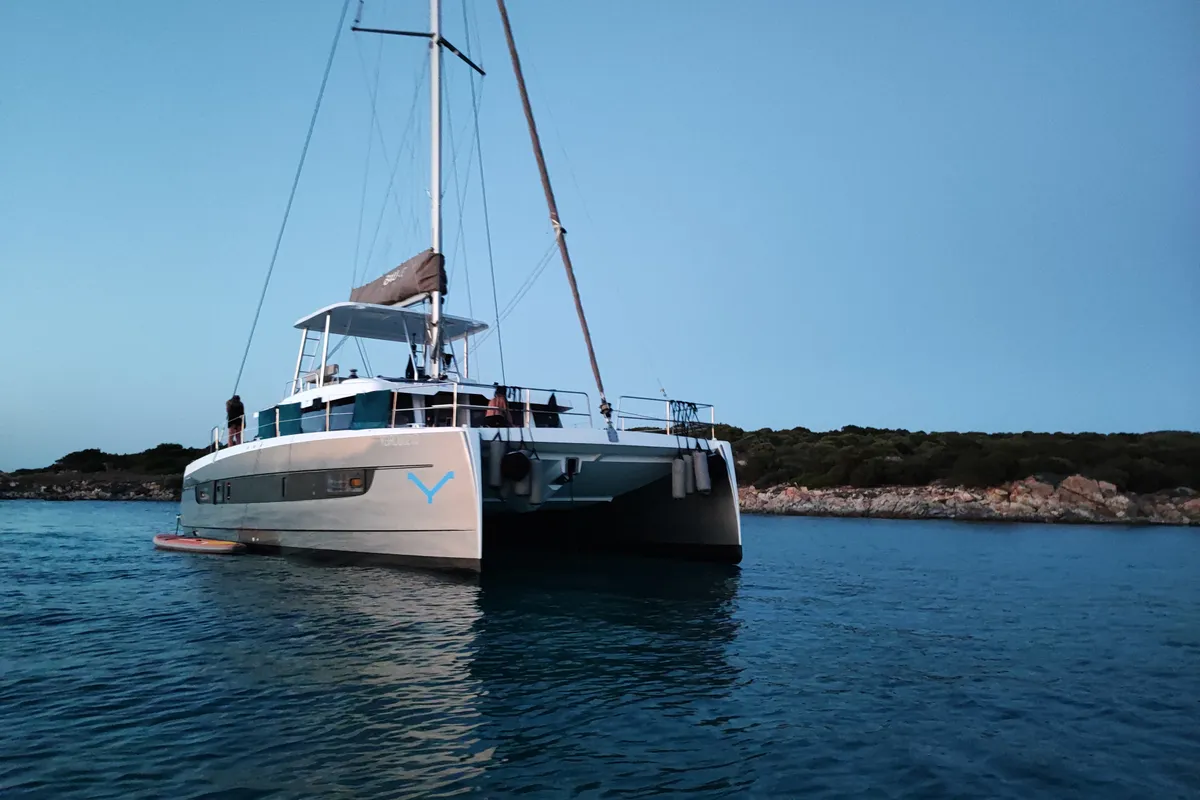 Exterior view of Delphinus, a Dufour 48 Catamaran catamaran at Olbia, Italy