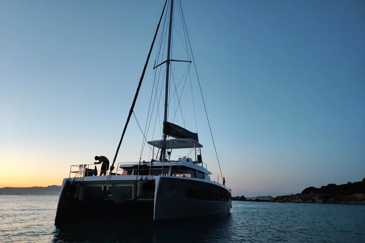 Exterior view of Delphinus, a Dufour 48 Catamaran catamaran at Olbia, Italy
