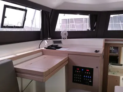 Salon of Delphinus, a Dufour 48 Catamaran catamaran at Olbia, Italy