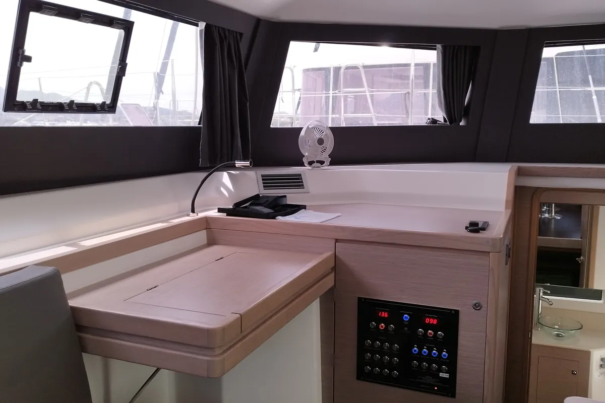 Salon of Delphinus, a Dufour 48 Catamaran catamaran at Olbia, Italy