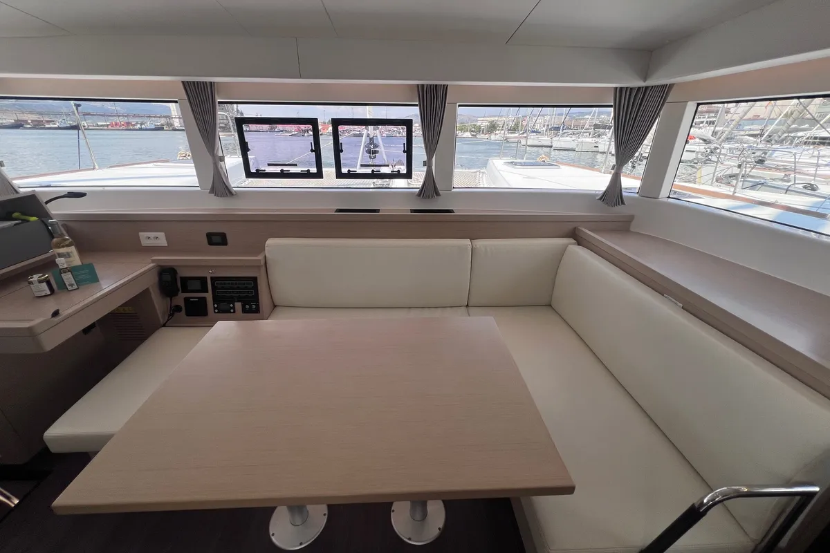 Salon of Nami Maru, a Lagoon 40 catamaran at Volos, Greece
