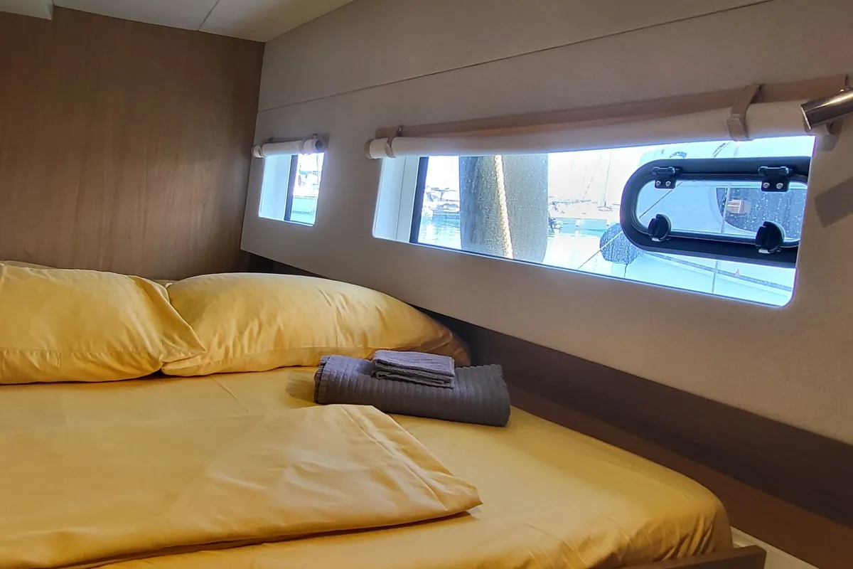 Cabin on Enterprise, a Bali Catsmart catamaran at Procida, Italy