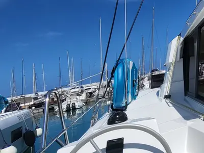 Cockpit of Enterprise, a Bali Catsmart catamaran at Procida, Italy