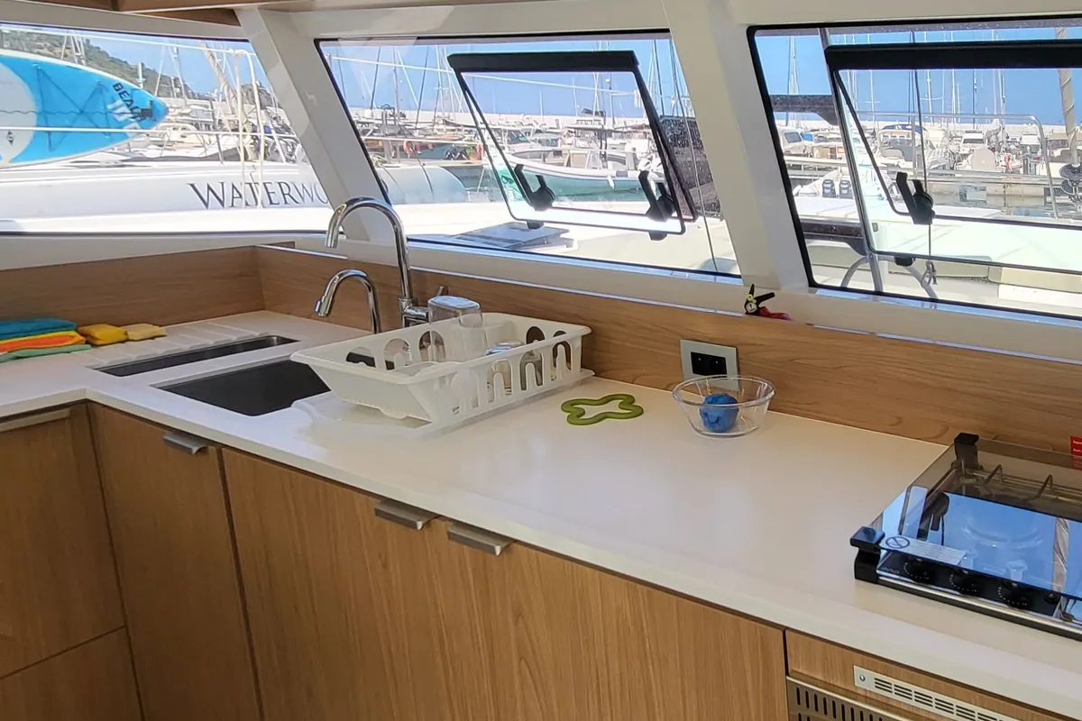 Galley of Enterprise, a Bali Catsmart catamaran at Procida, Italy