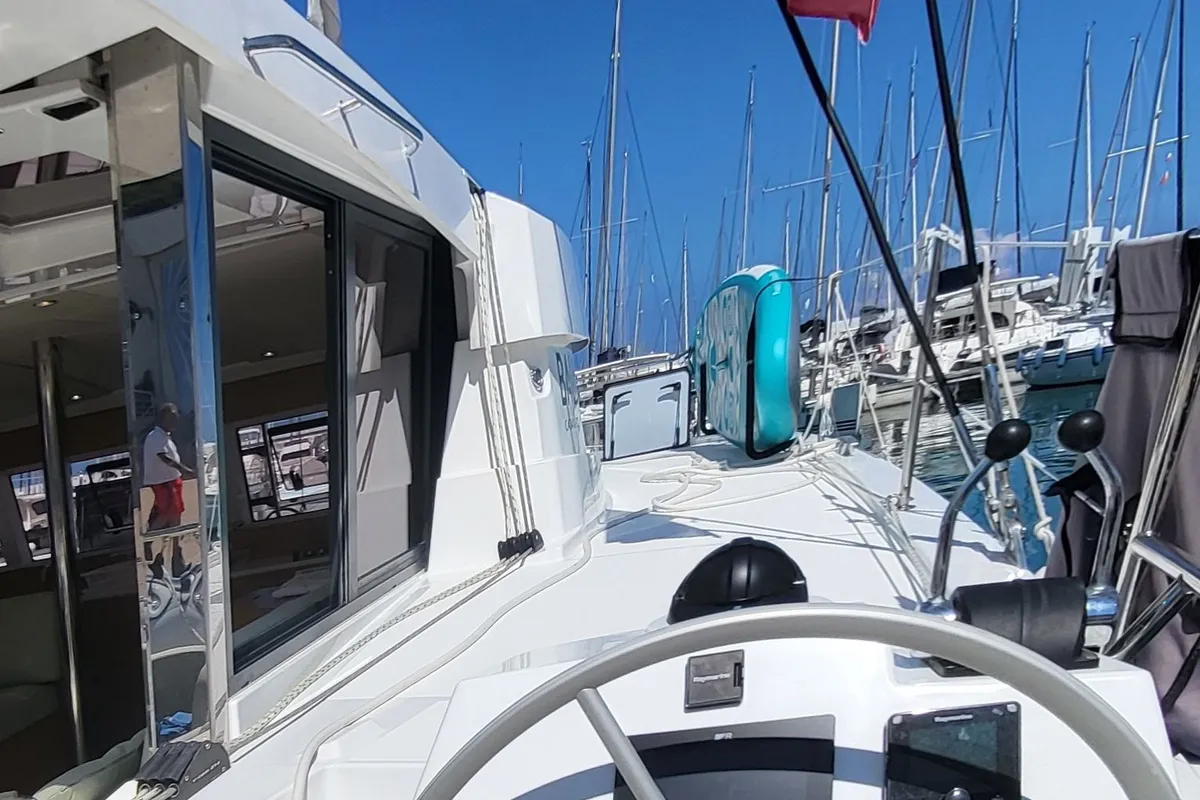 Cockpit of Enterprise, a Bali Catsmart catamaran at Procida, Italy