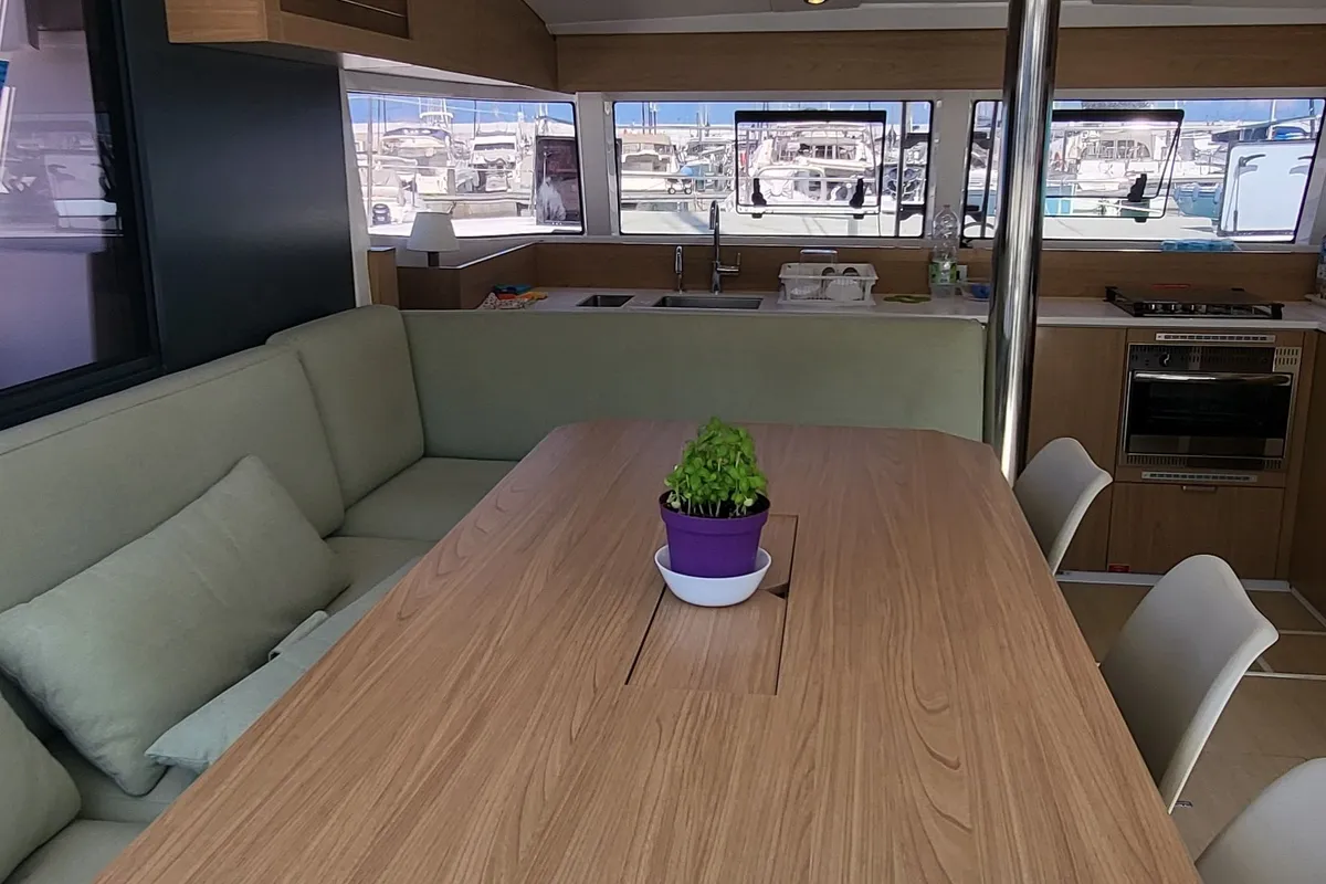 Salon of Enterprise, a Bali Catsmart catamaran at Procida, Italy