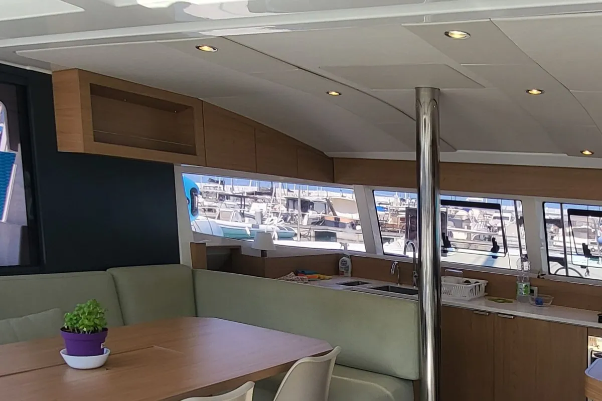Salon of Enterprise, a Bali Catsmart catamaran at Procida, Italy
