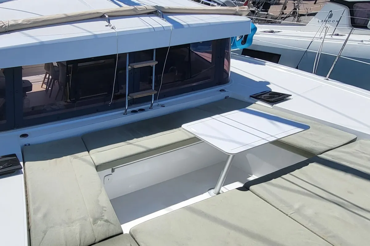Deck of Enterprise, a Bali Catsmart catamaran at Procida, Italy