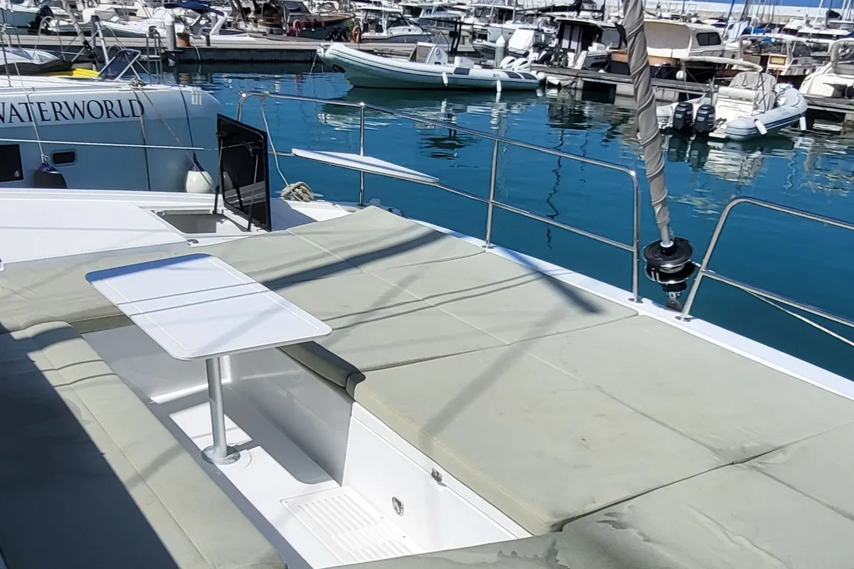 Deck of Enterprise, a Bali Catsmart catamaran at Procida, Italy