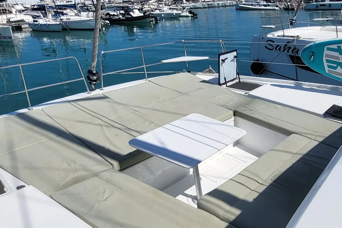 Deck of Enterprise, a Bali Catsmart catamaran at Procida, Italy