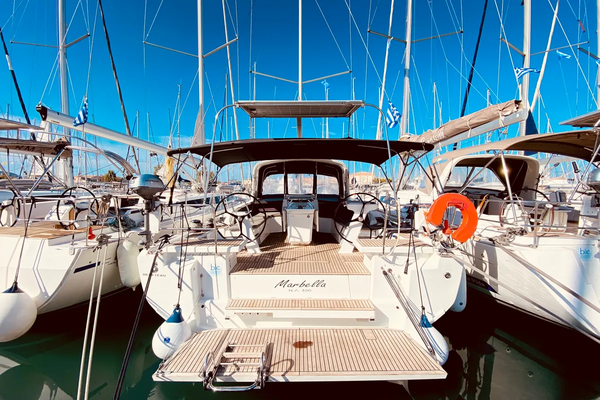 Exterior view of Marbella, a Beneteau Oceanis 46.1 sailboat at Municipal Unit of Lefkada, Greece