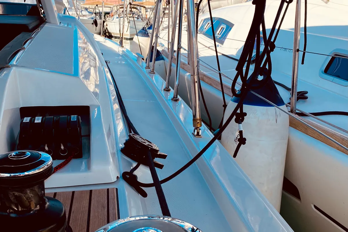 Deck of Marbella, a Beneteau Oceanis 46.1 sailboat at Municipal Unit of Lefkada, Greece