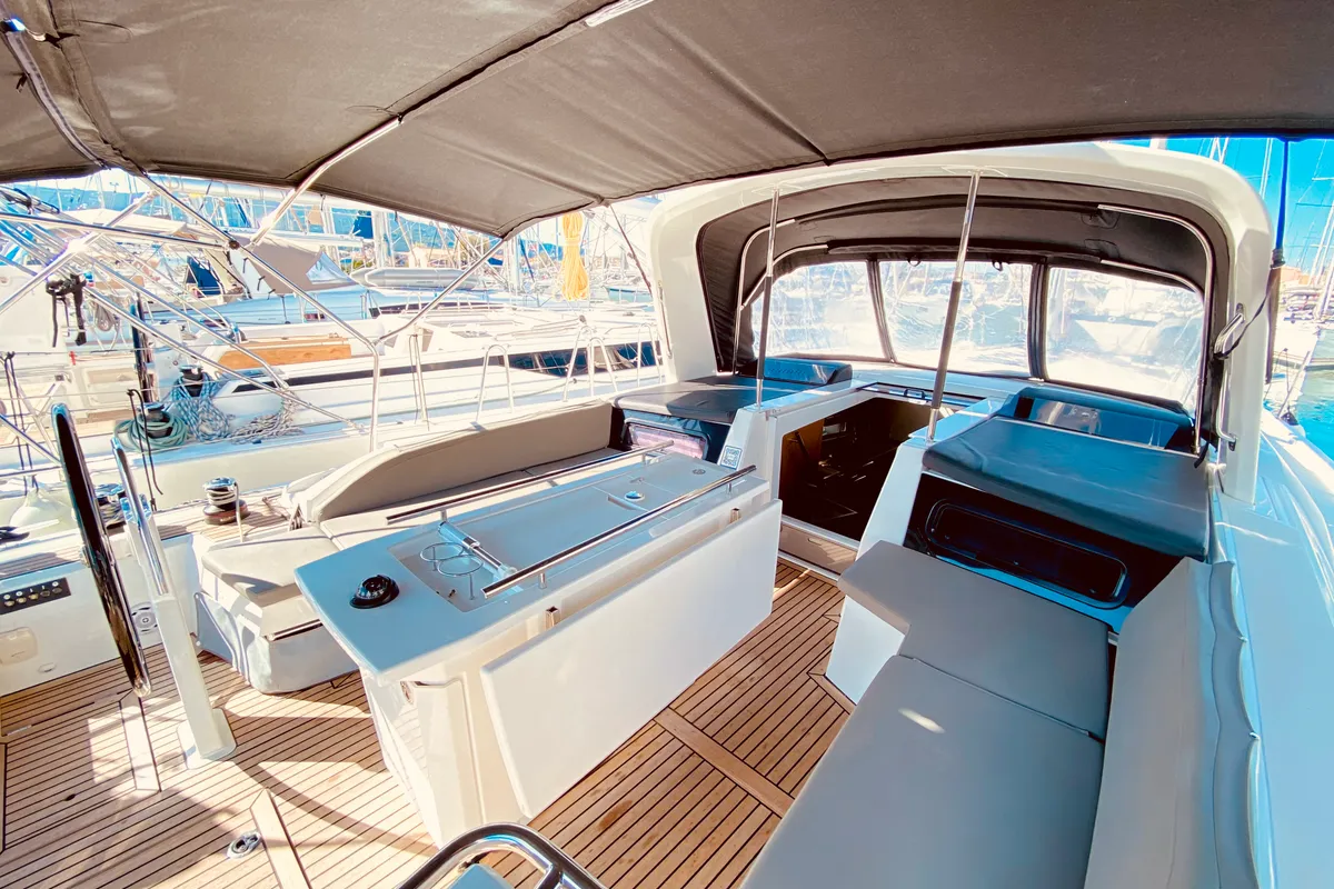 Cockpit of Marbella, a Beneteau Oceanis 46.1 sailboat at Municipal Unit of Lefkada, Greece