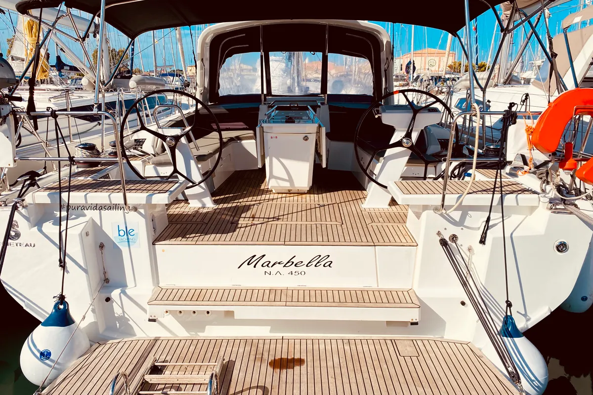 Exterior view of Marbella, a Beneteau Oceanis 46.1 sailboat at Municipal Unit of Lefkada, Greece