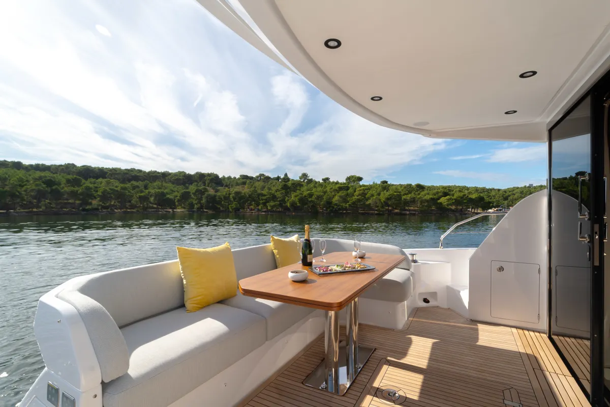 Deck of Leeloo, a Azimut 53 Fly motorboat at Grad Šibenik, Croatia