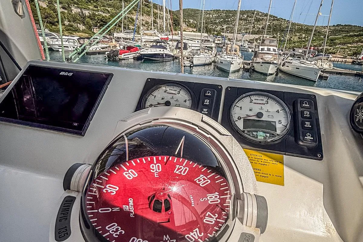 Cockpit of Nammu, a Bali Catspace catamaran at Primošten, Croatia