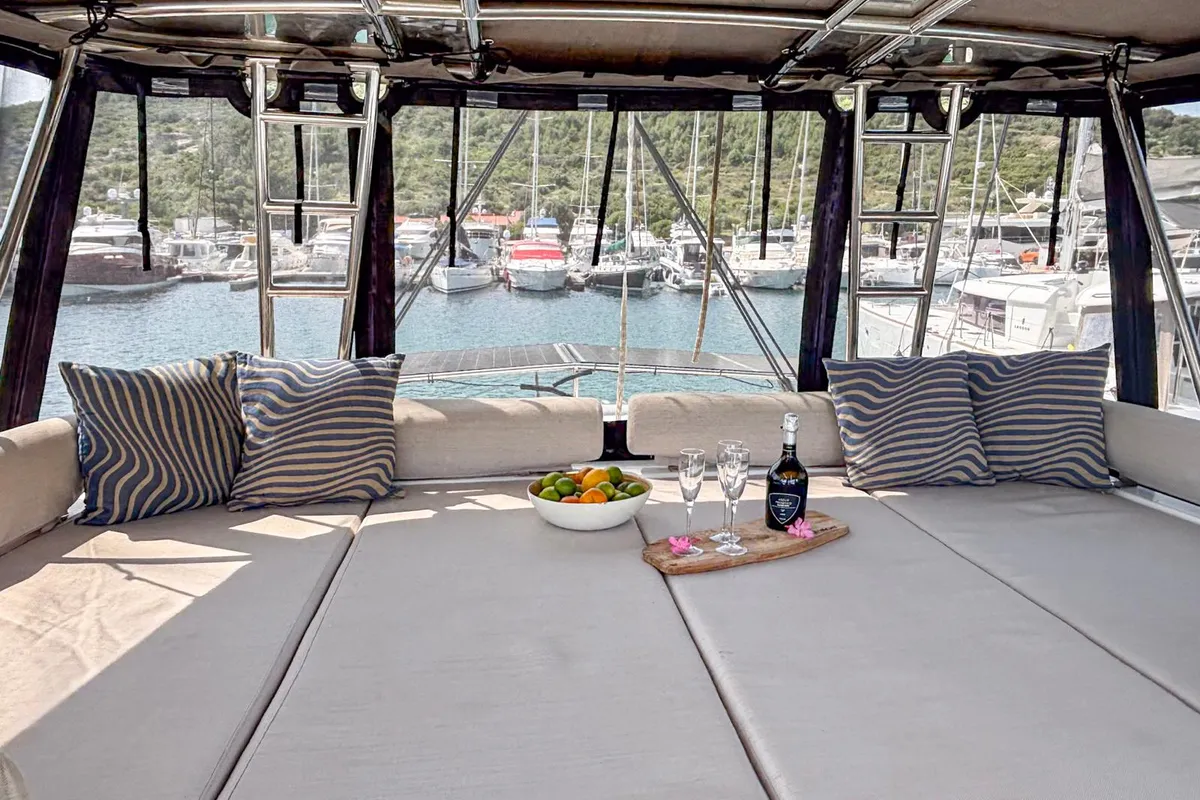 Deck of Nammu, a Bali Catspace catamaran at Primošten, Croatia