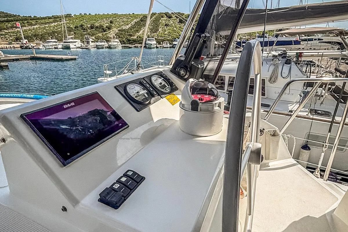 Cockpit of Nammu, a Bali Catspace catamaran at Primošten, Croatia